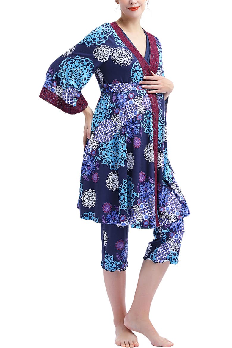 Natalie Maternity Nursing 3-Piece Pajama Set, Alternate, color, Blue