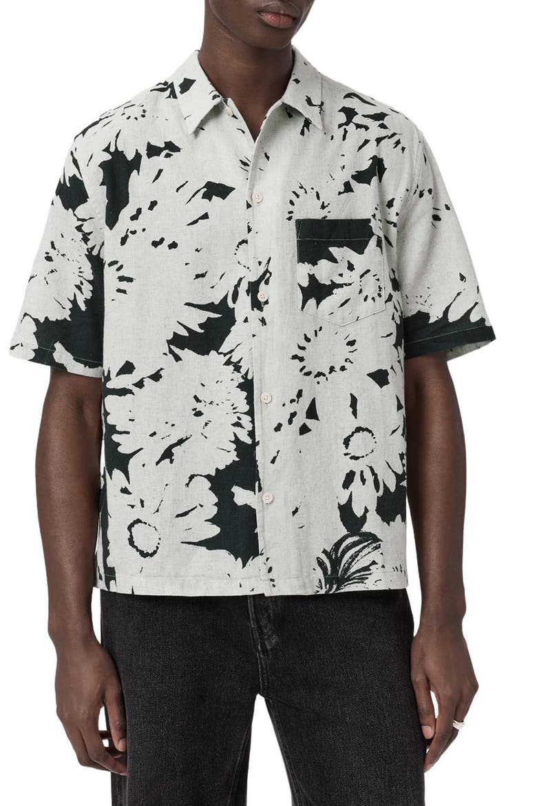 Giron Floral Linen & Cotton Short Sleeve Button-Up Shirt, Main, color, SHARP WHITE