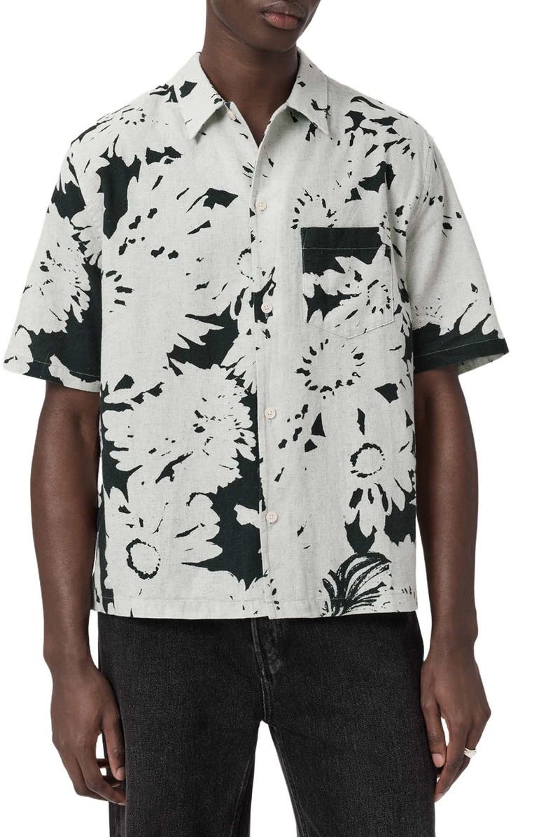 AllSaints Giron Floral Linen & Cotton Short Sleeve Button-Up Shirt, Main, color, Sharp White