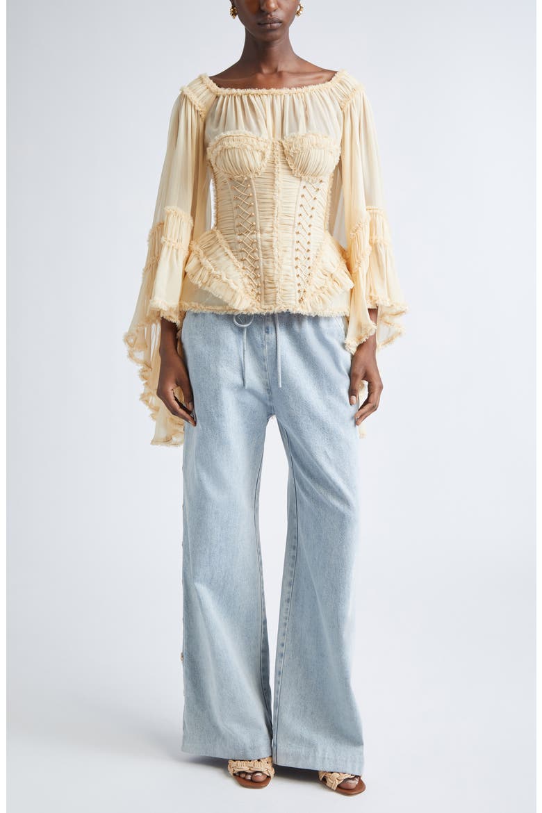 Rebellion Frayed Off the Shoulder Silk Top, Alternate, color, CREAM