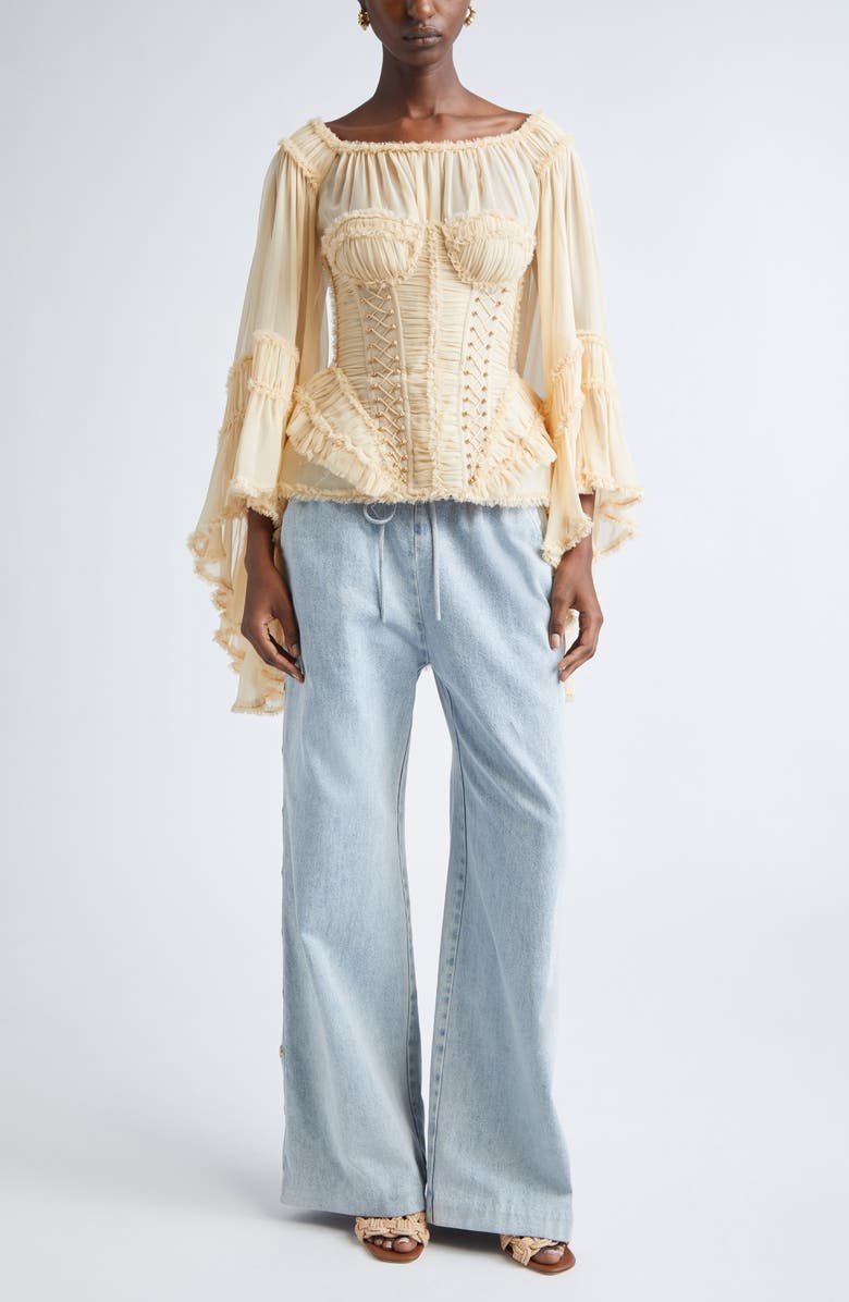 Zimmermann Rebellion Frayed Off the Shoulder Silk Top, Alternate, color, Cream