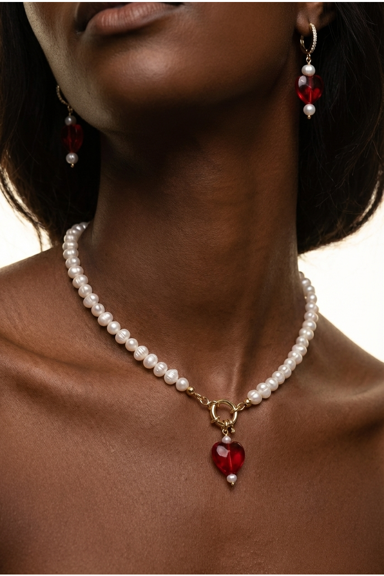 Kokoro Red Heart Freshwater Pearl Necklace, Alternate, color, Red and Gold
