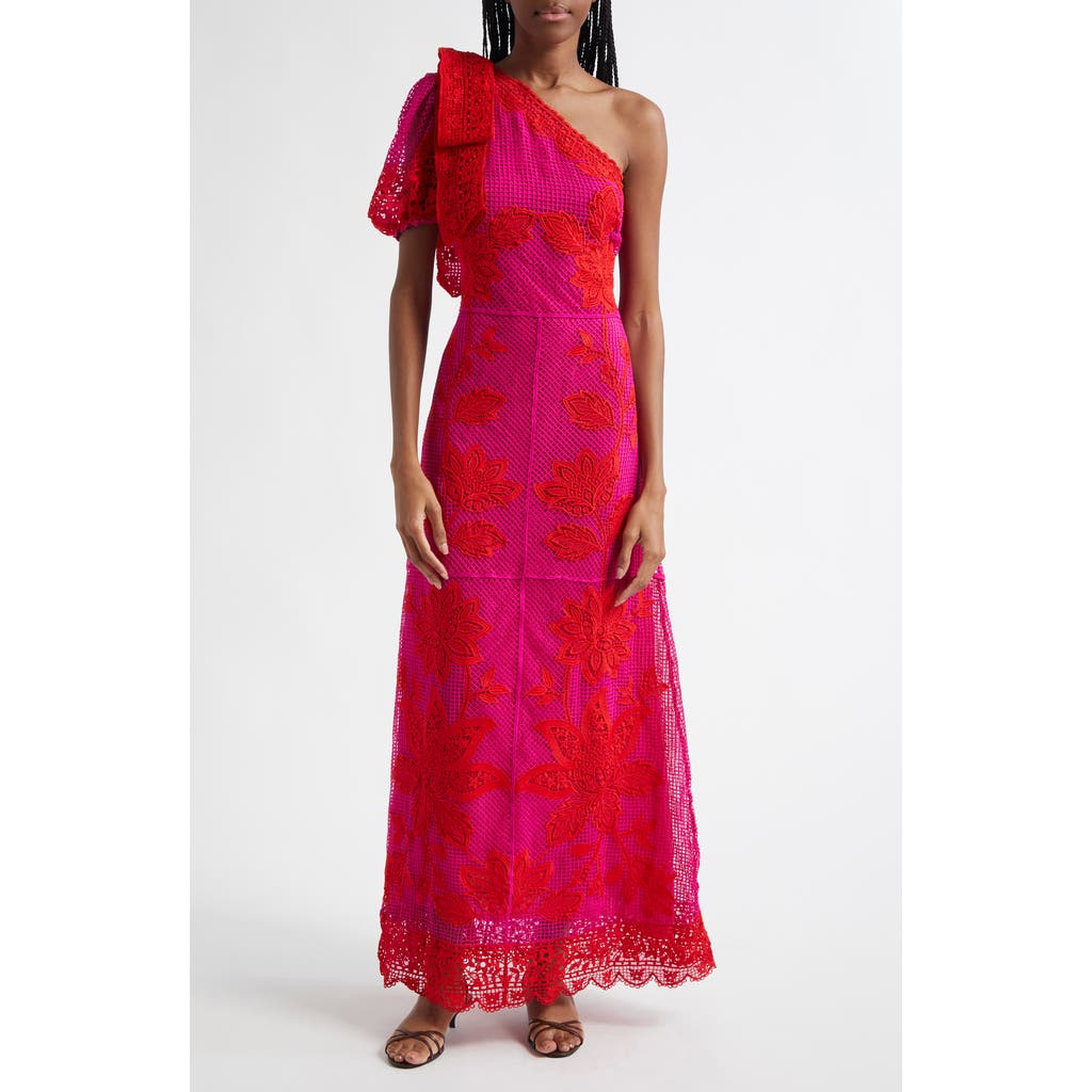 Farm Rio Guipuire Lace One-shoulder Maxi Dress In Red