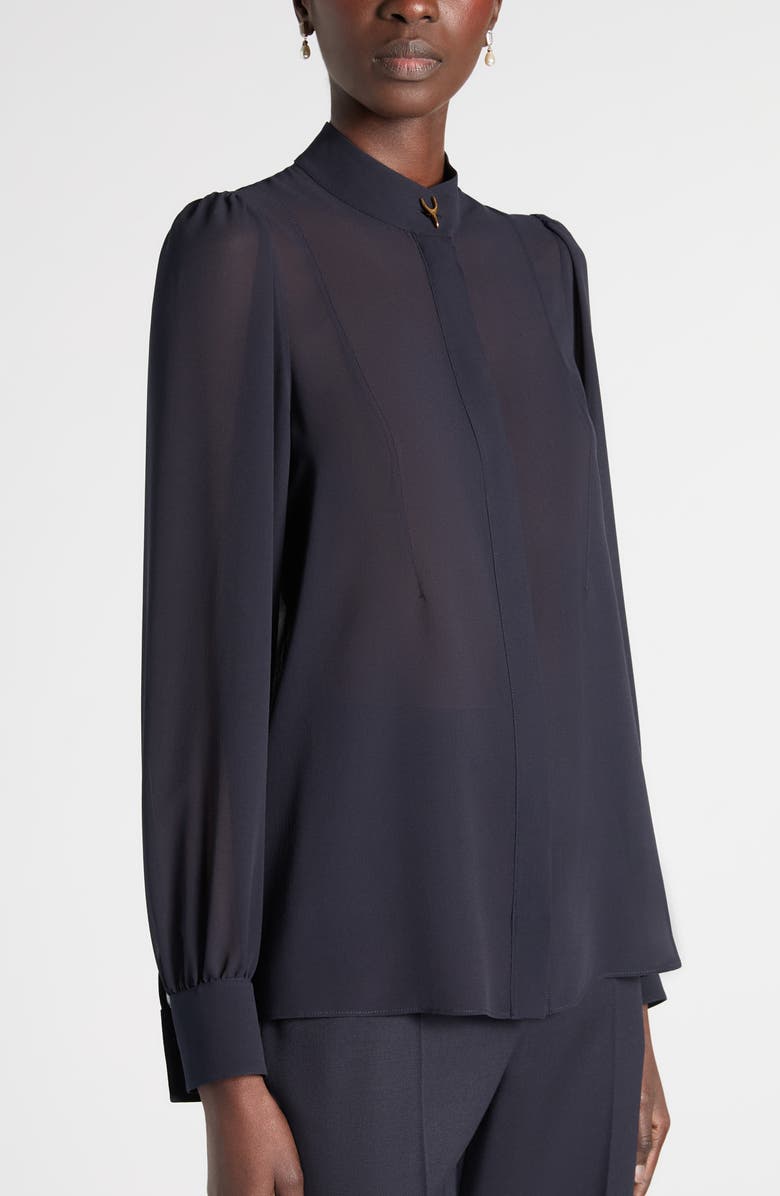 McQueen Wishbone Silk Crêpe de Chine Button-Up Shirt, Alternate, color, Indigo