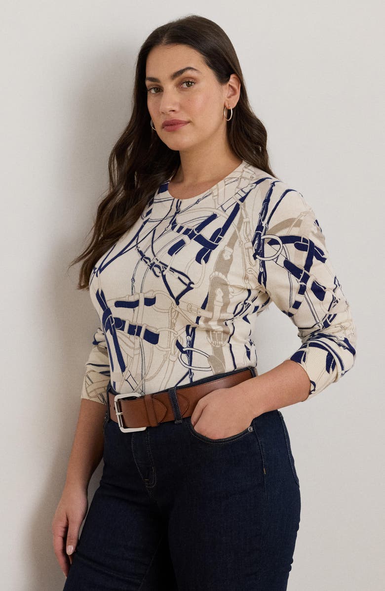 Lauren Ralph Lauren Belting Print Crewneck Sweater, Alternate, color, Cream/ Navy Multi