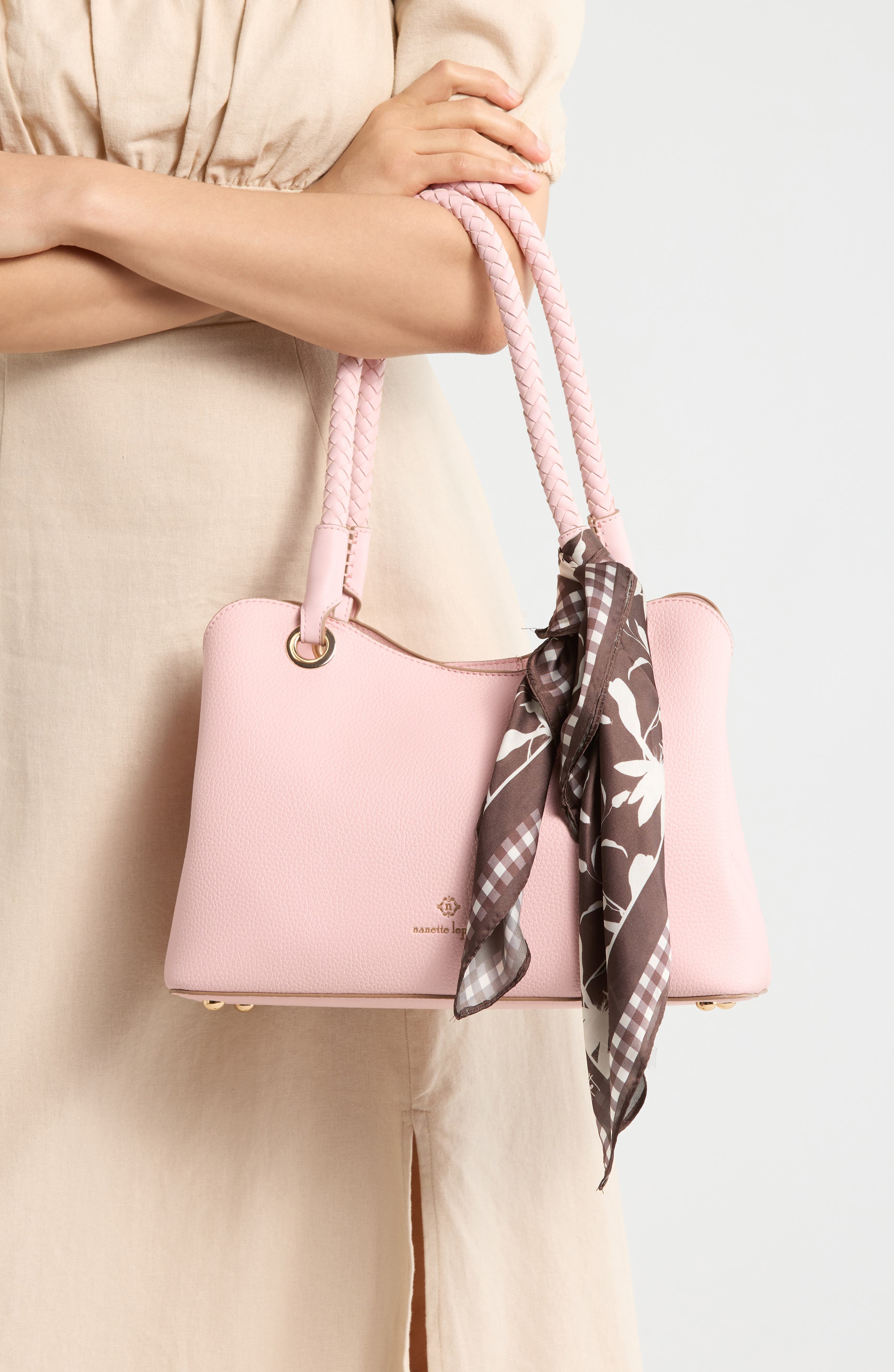 Nanette Lepore Sybil Braided Handle Shoulder Bag, Alternate, color, Peachy Pink-Maple Gingham