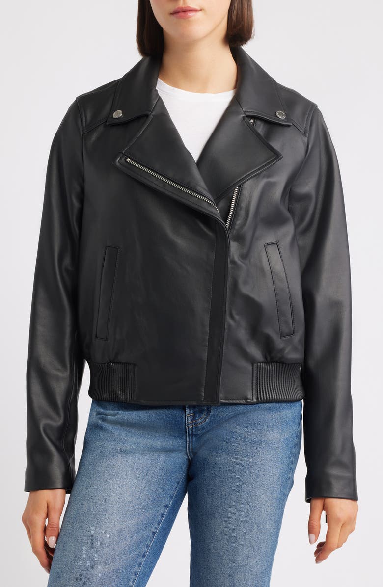 Michael Kors Moto Bomber Leather Jacket, Alternate, color, Black
