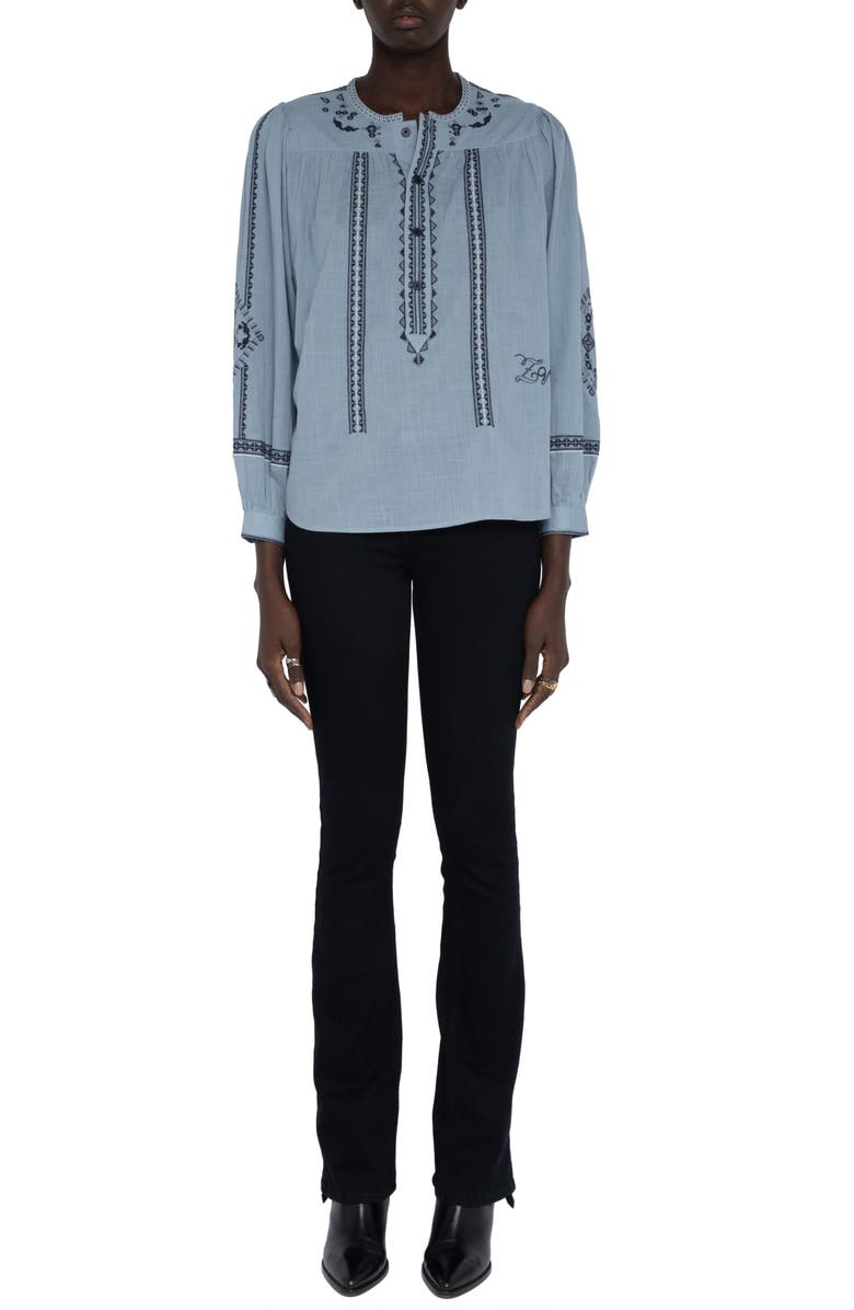Zadig & Voltaire Tigy Long Sleeve Embroidered Cotton Top, Alternate, color, Sky