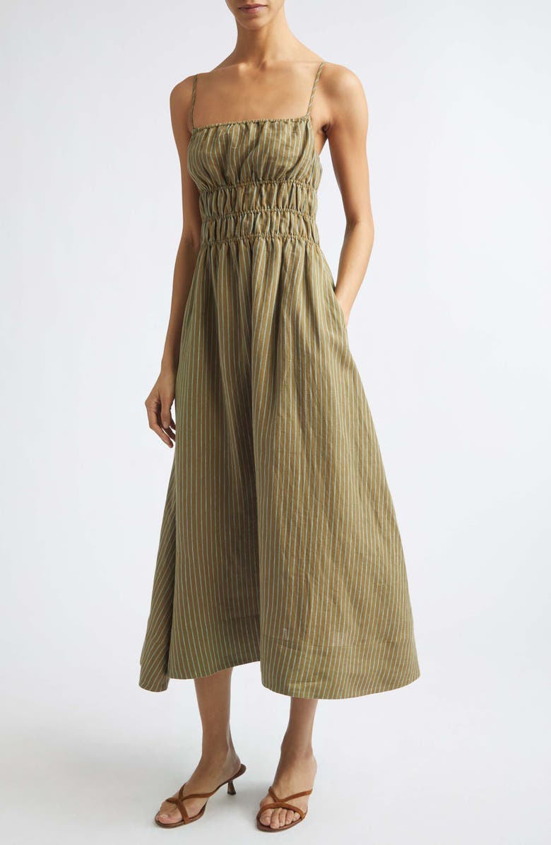 STAUD Ayla Linen Midi Sundress, Main, color, Porto Stripe