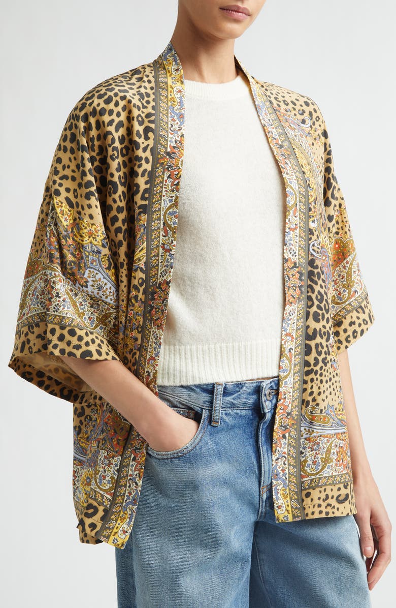 Etro Leopard Paisley Print Open Front Silk Jacket, Alternate, color, Printed Brown Base