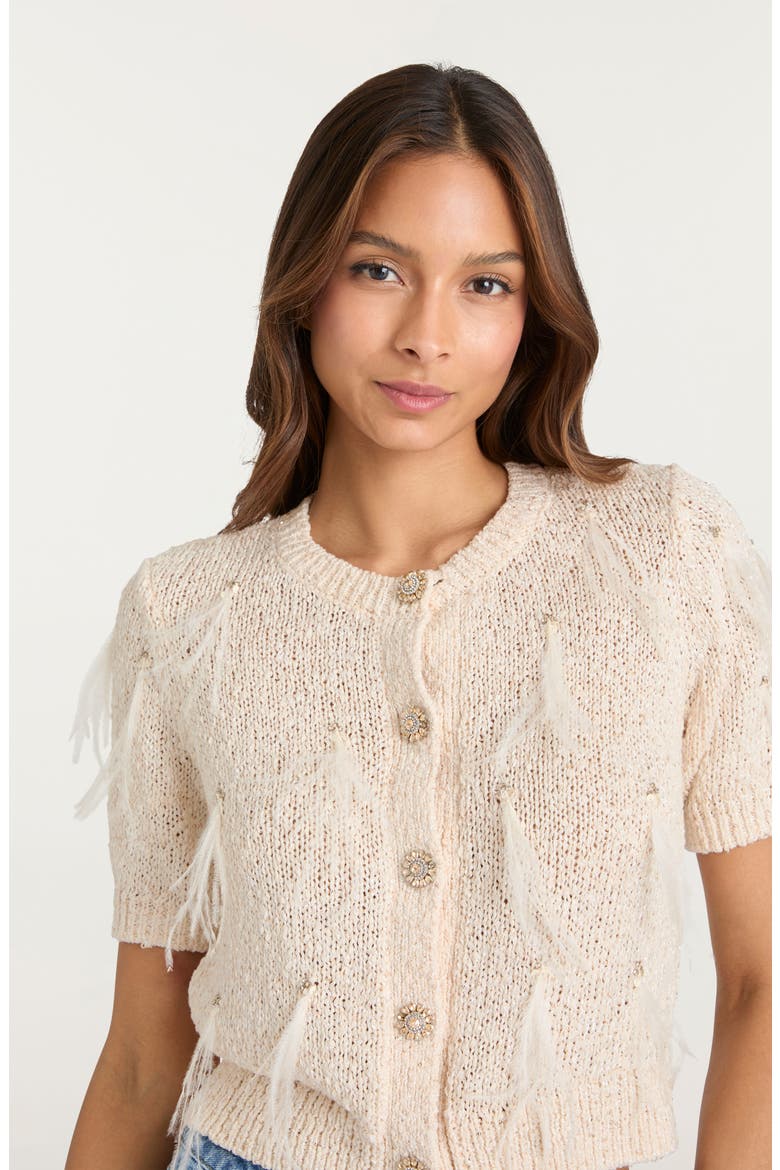 Coralie Embellished Short Sleeve Cardigan, Alternate, color, NATURAL/ SEQUIN