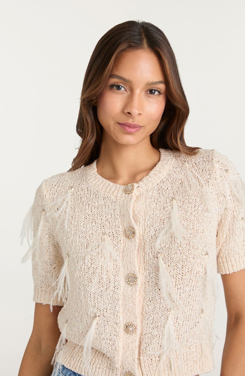 Cinq à Sept Coralie Embellished Short Sleeve Cardigan, Alternate, color, Natural/ Sequin