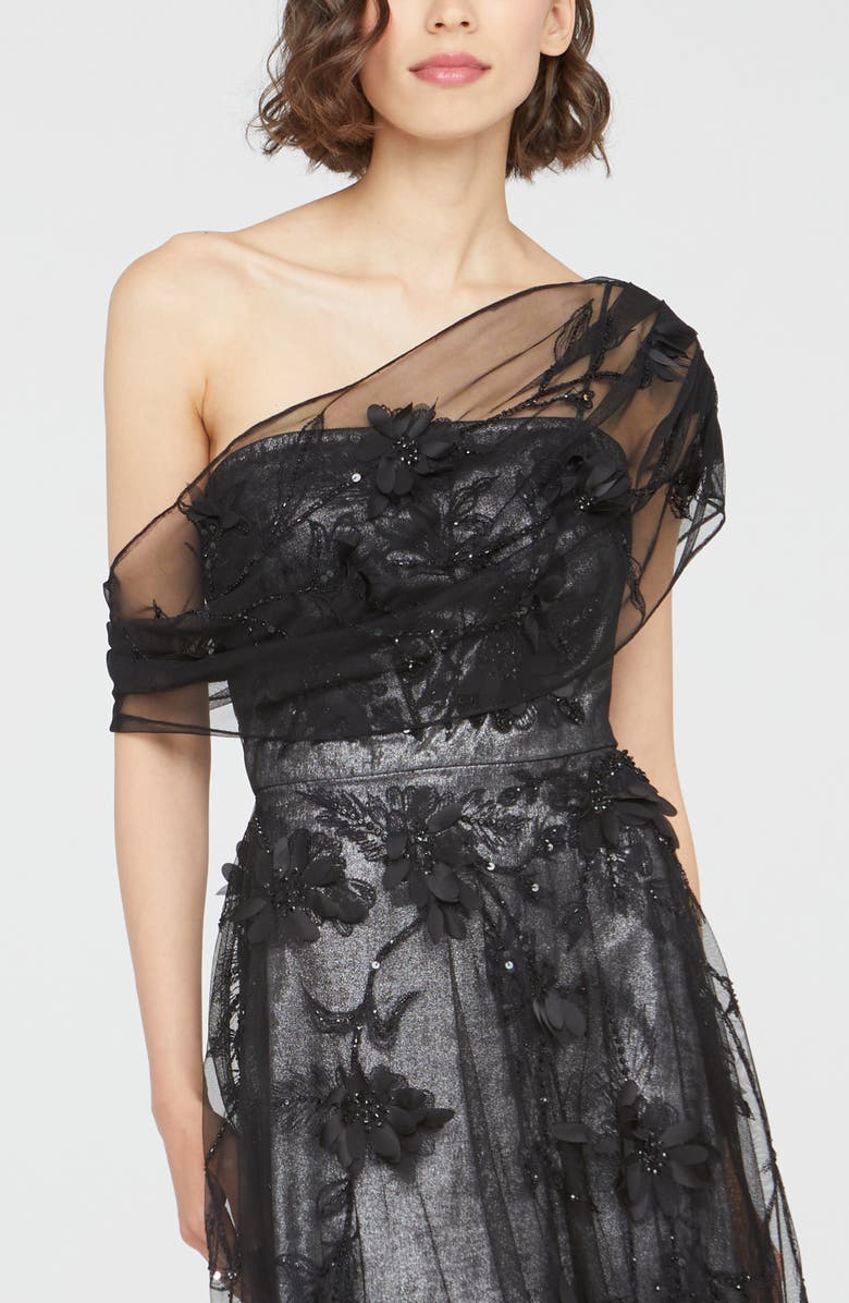Theia Lenora Metallic Floral Appliqué One-Shoulder Gown, Alternate, color,