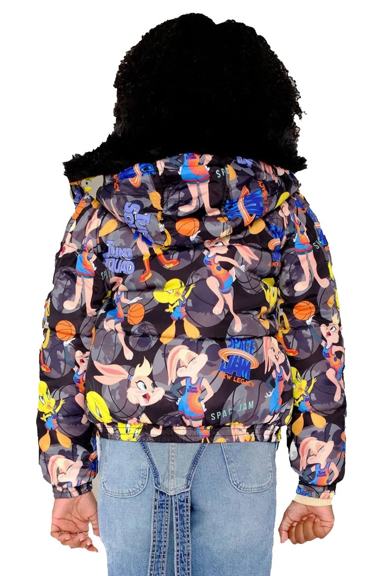 Girl's Heavy Quilted Puffer in New Looney Mash Jacket, Alternate, color, Black