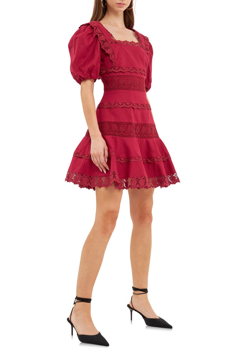 Lace Puff Sleeve Cotton & Linen Minidress, Alternate, color, BERRY