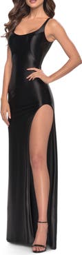 La Femme Liquid Jersey Fitted Dress with High Slit
