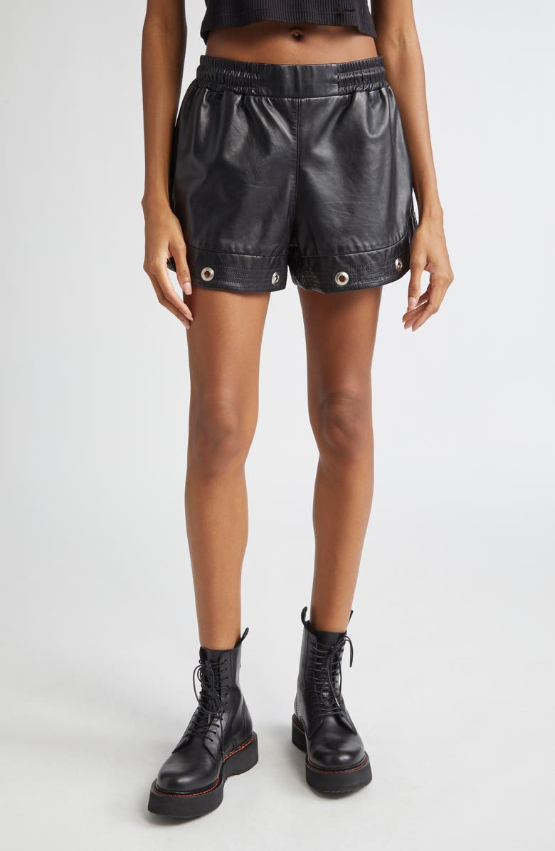 R13 Grommet Detail Leather Gym Shorts, Main, color, Black