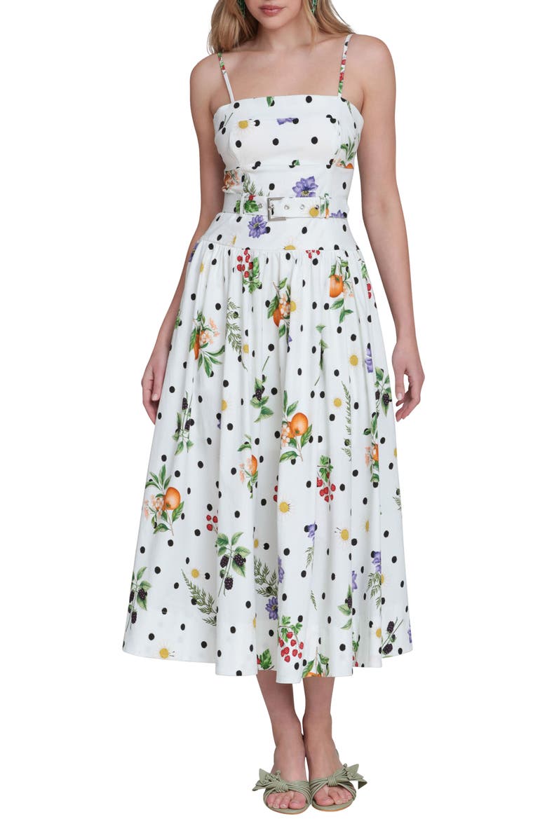 Avec Les Filles Fruit Florals & Polka Dot Belted Drop Waist Midi Dress, Main, color, White Scattered Bota