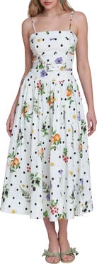 Avec Les Filles Fruit Florals & Polka Dot Belted Drop Waist Midi Dress