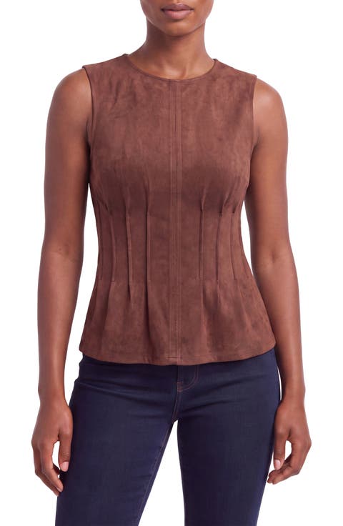 Pintucked Faux Suede Shell