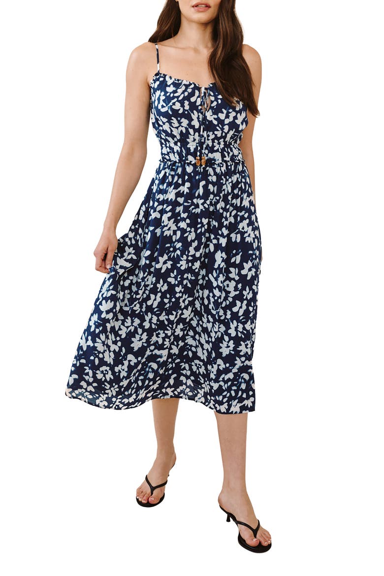 Floral Tie Front Midi Dress, Main, color, INDIGO BLOOM