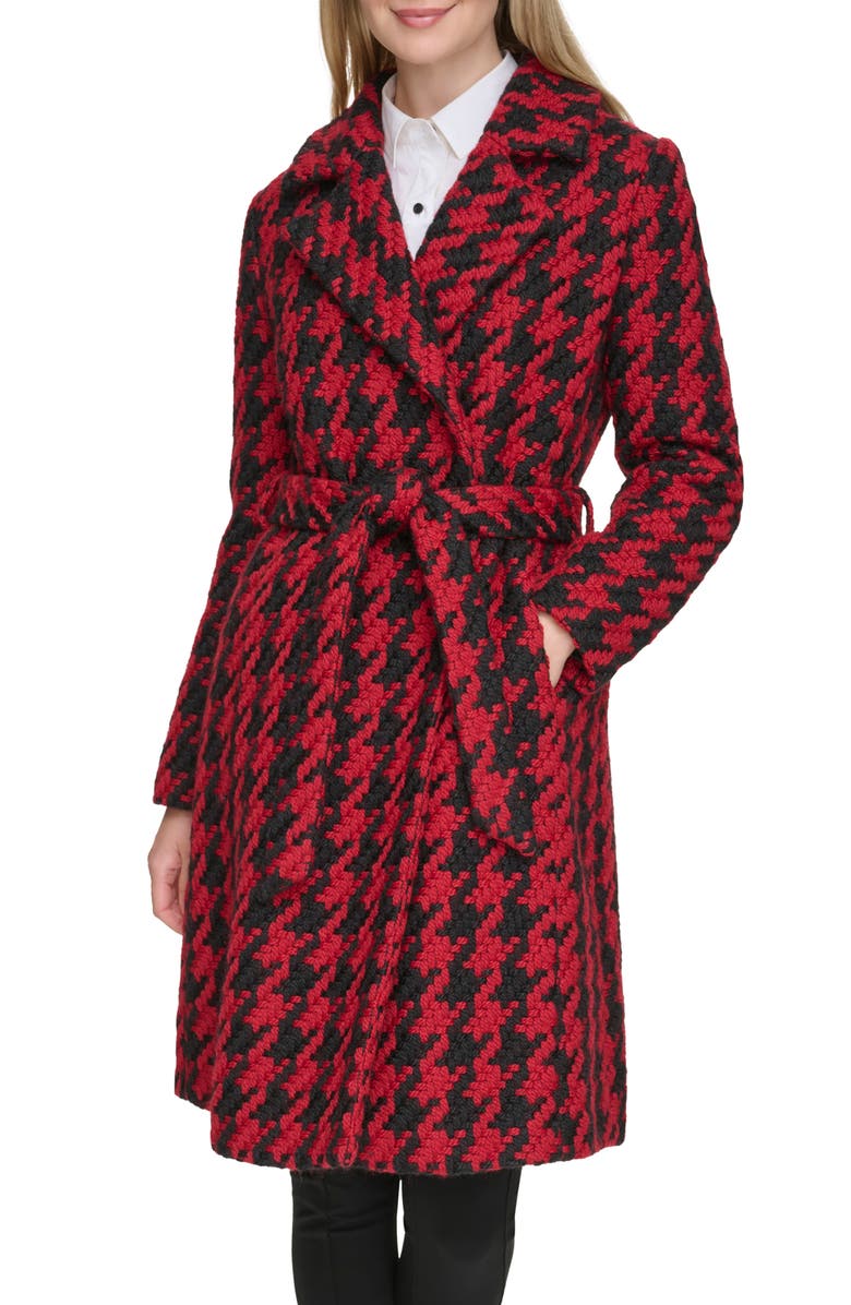 KARL LAGERFELD PARIS Houndstooth Wool Blend Wrap Coat, Main, color, 
