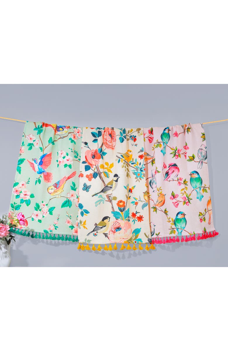 Tiramisu Avian Bloom Set of 3 Cotton Kitchen Towels, Alternate, color, Blush/ Sage/ Mustard