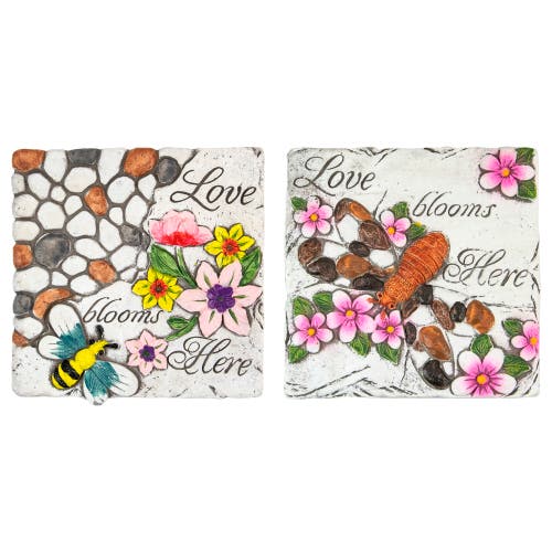 Northlight Set Of 2 'love Blooms Here' Floral Outdoor Garden Stones 7" In Multi