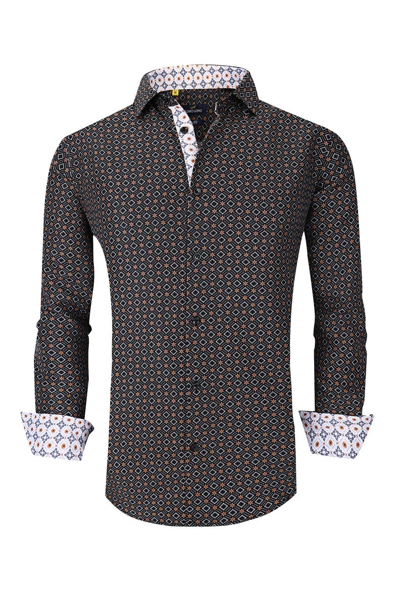 Slim Fit Geometric Print Performance Button-Up Shirt, Alternate, color, BLACK