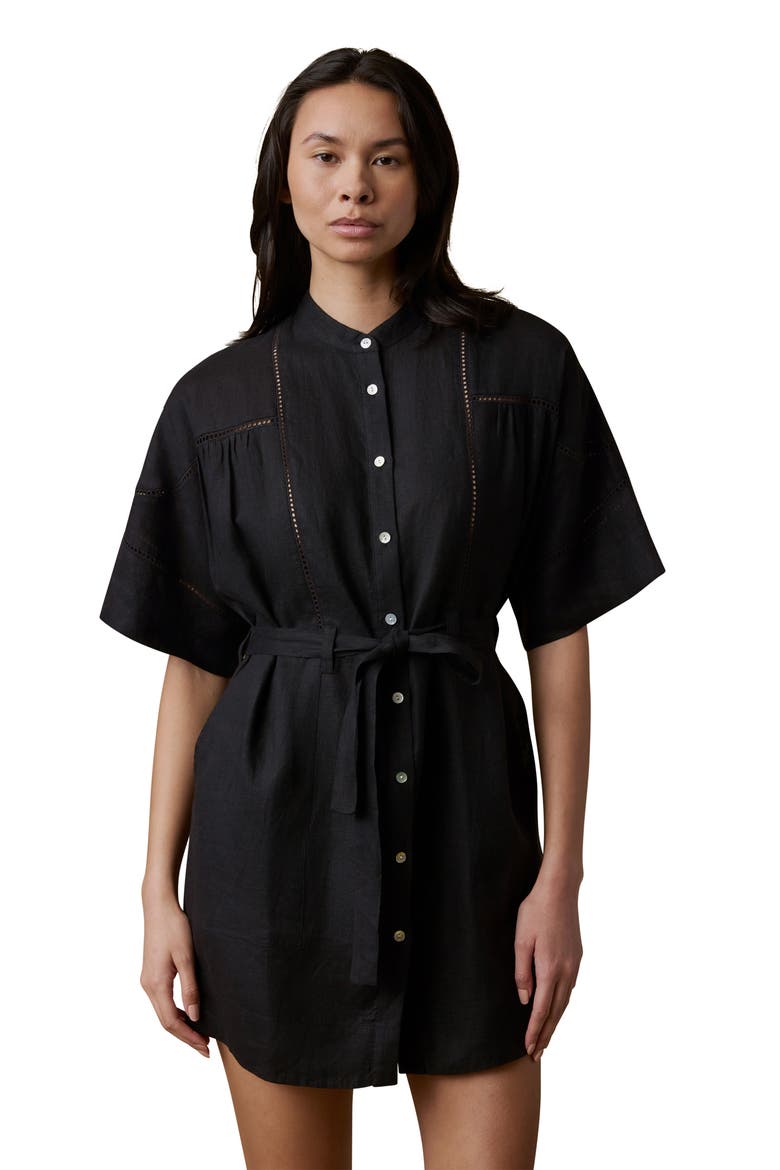 Luna Lattice Inset Linen Shirtdress, Alternate, color, BLACK
