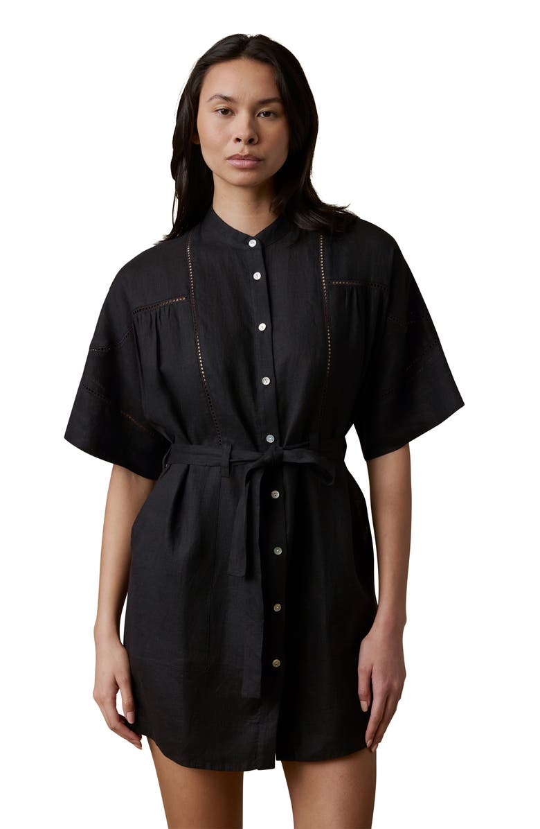 Faherty Luna Lattice Inset Linen Shirtdress, Alternate, color, Black