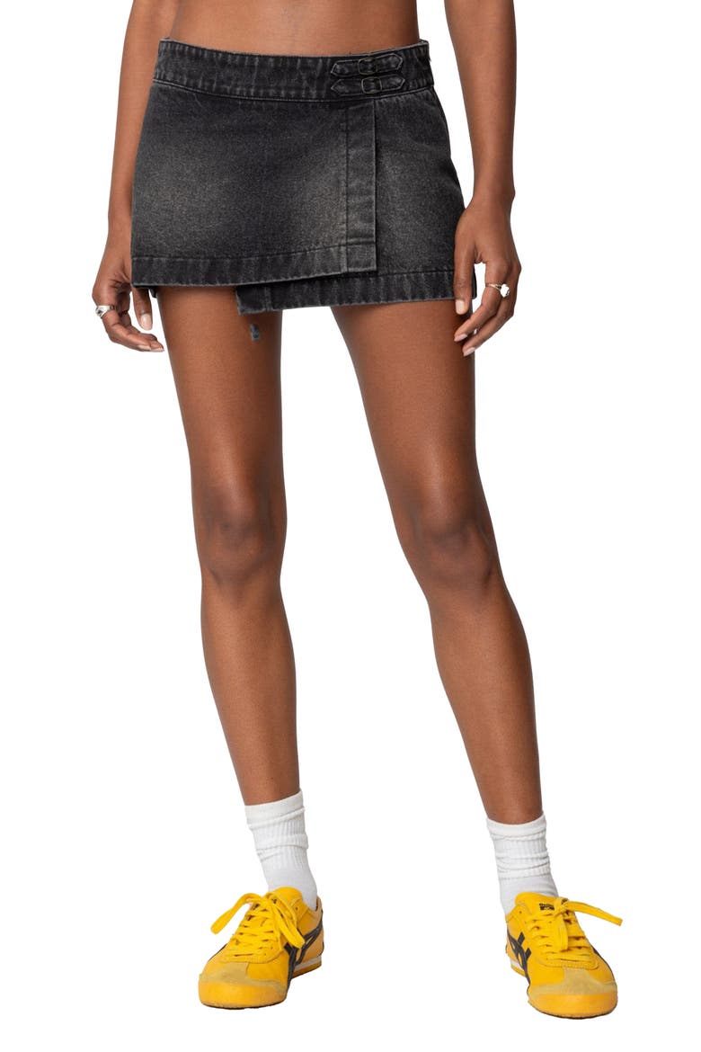Asymmetric Denim Wrap Skort, Main, color, BLACK