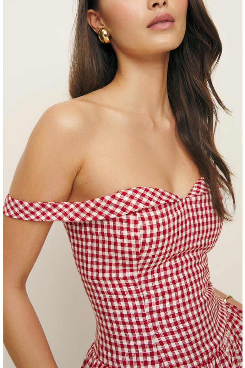 Sora Gingham Off the Shoulder Linen Minidress, Alternate, color, TOMATO CHECK