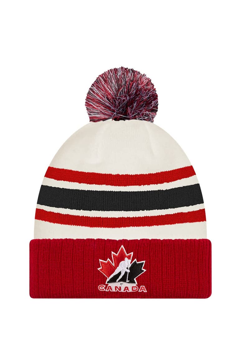 Men's New Era  White/Red Hockey Canada Milano Cortina 2026 Winter Olympics Striped Cuffed Knit Hat with Pom, Main, color, White