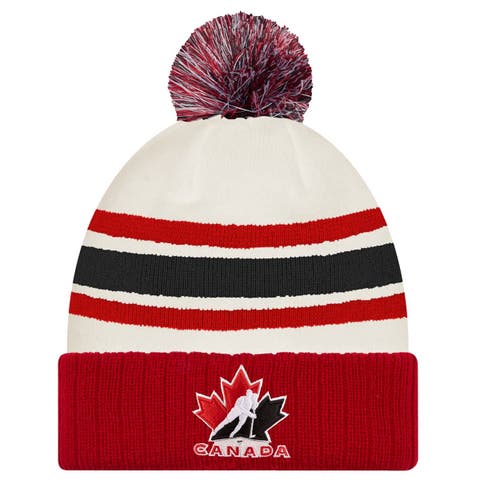 Men's New Era  White/Red Hockey Canada Milano Cortina 2026 Winter Olympics Striped Cuffed Knit Hat with Pom