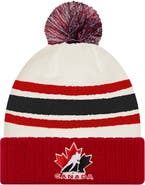 New Era Men's New Era  White/Red Hockey Canada Milano Cortina 2026 Winter Olympics Striped Cuffed Knit Hat with Pom