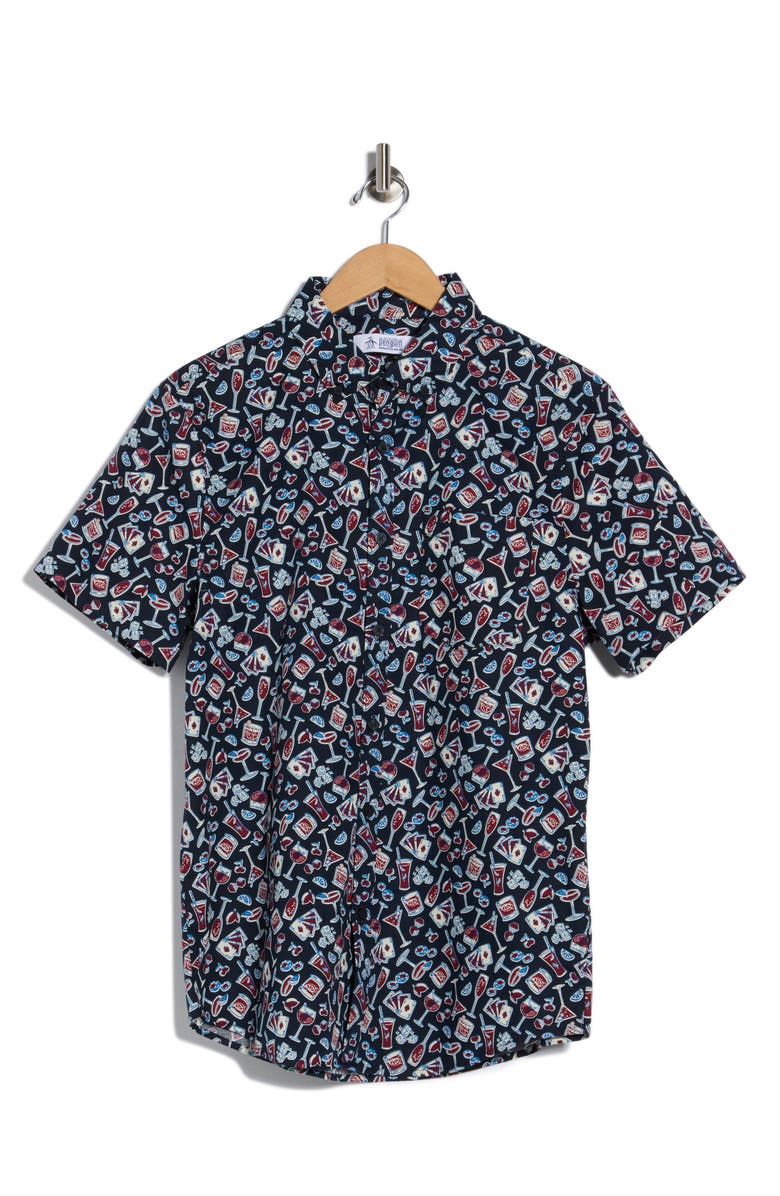 Original Penguin Short Sleeve Stretch Cotton Poplin Button-Up Shirt, Alternate, color, Dark Sapphire