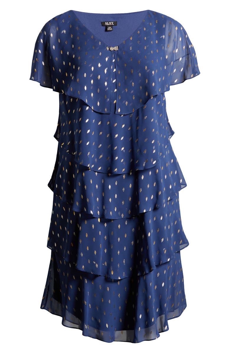 SLNY Foil Print Tiered Cocktail Dress, Alternate, color, Wedgewood