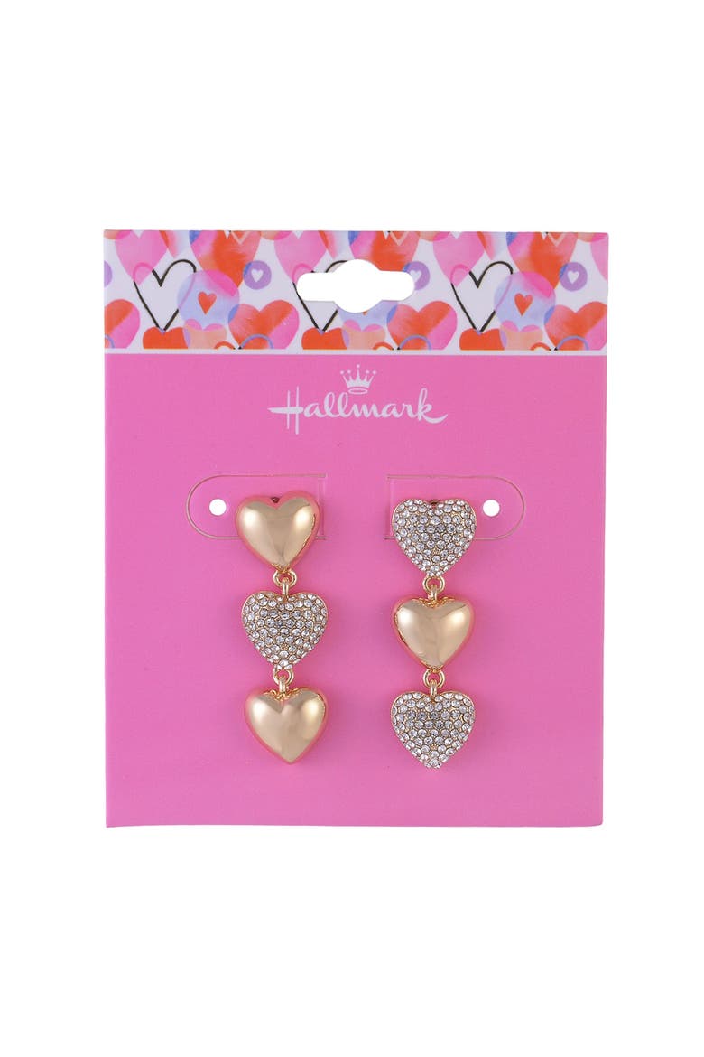 Linear Gold Tone Heart Earrings with Pave Stones, Alternate, color, Gold