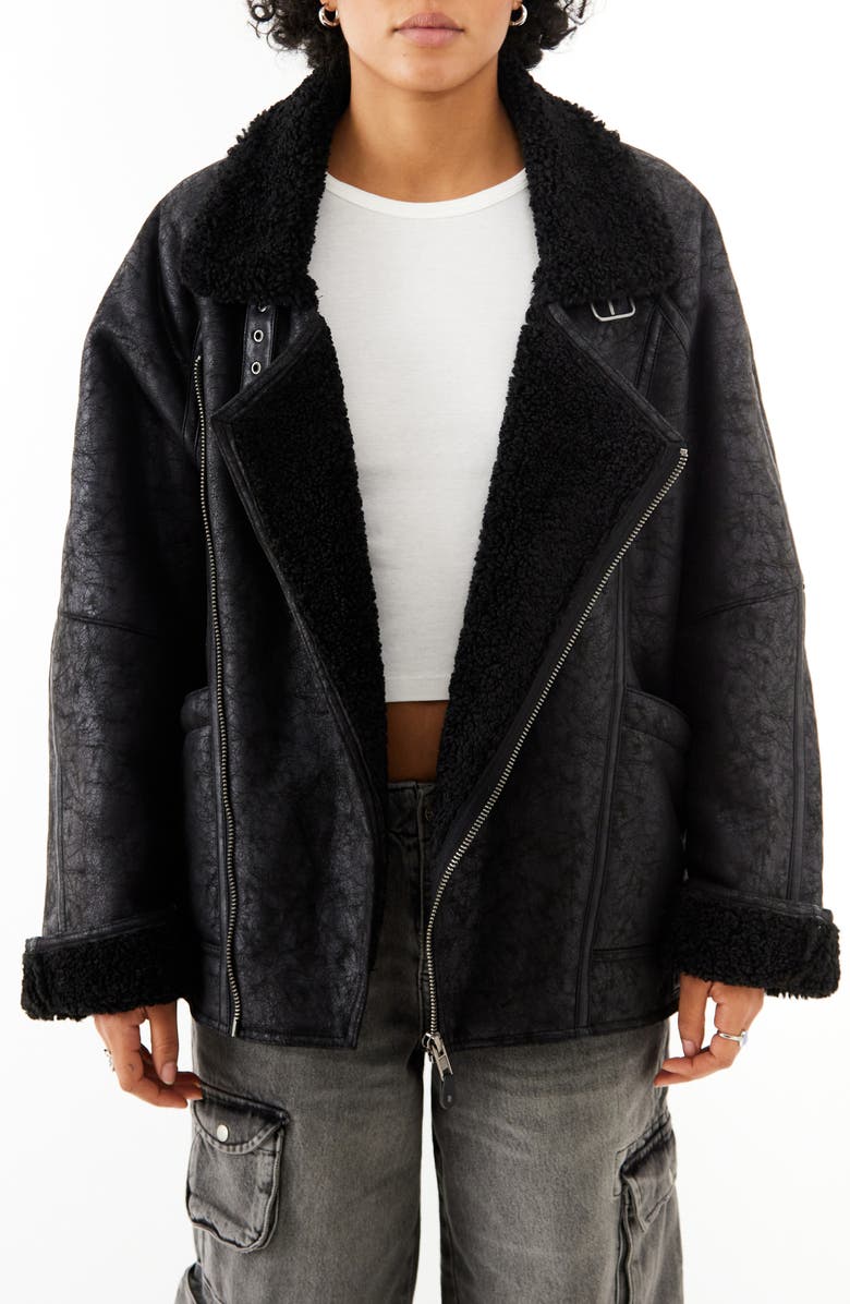 BDG Urban Outfitters Ella Faux Shearling Lined Faux Leather Aviator Jacket, Main, color, 