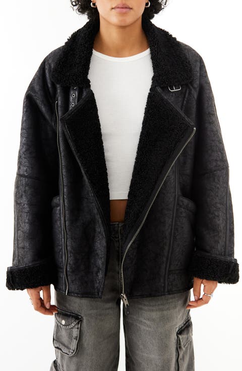 Ella Faux Shearling Lined Faux Leather Aviator Jacket