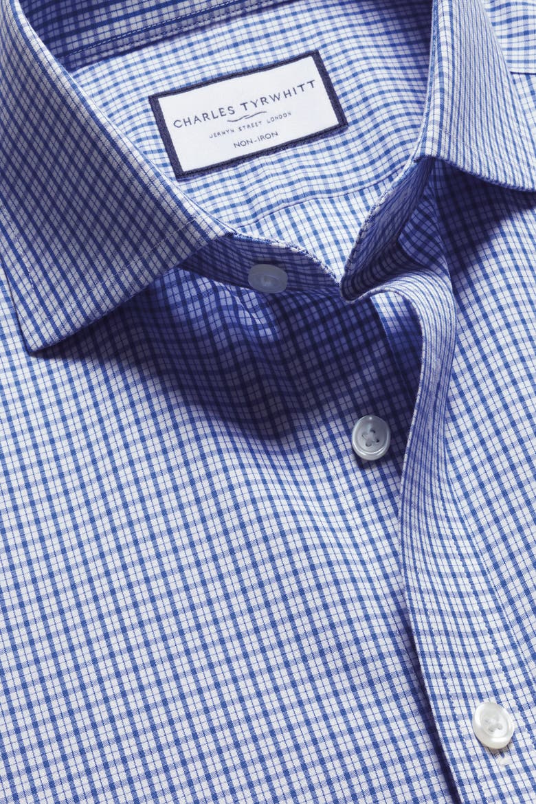Grid Check Non-Iron Stretch Twill Slim Fit Shirt Single Cuff, Alternate, color, Cobalt Blue