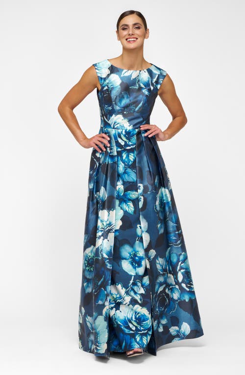 Kay Unger Kate Floral Layered Mikado Gown In Blue