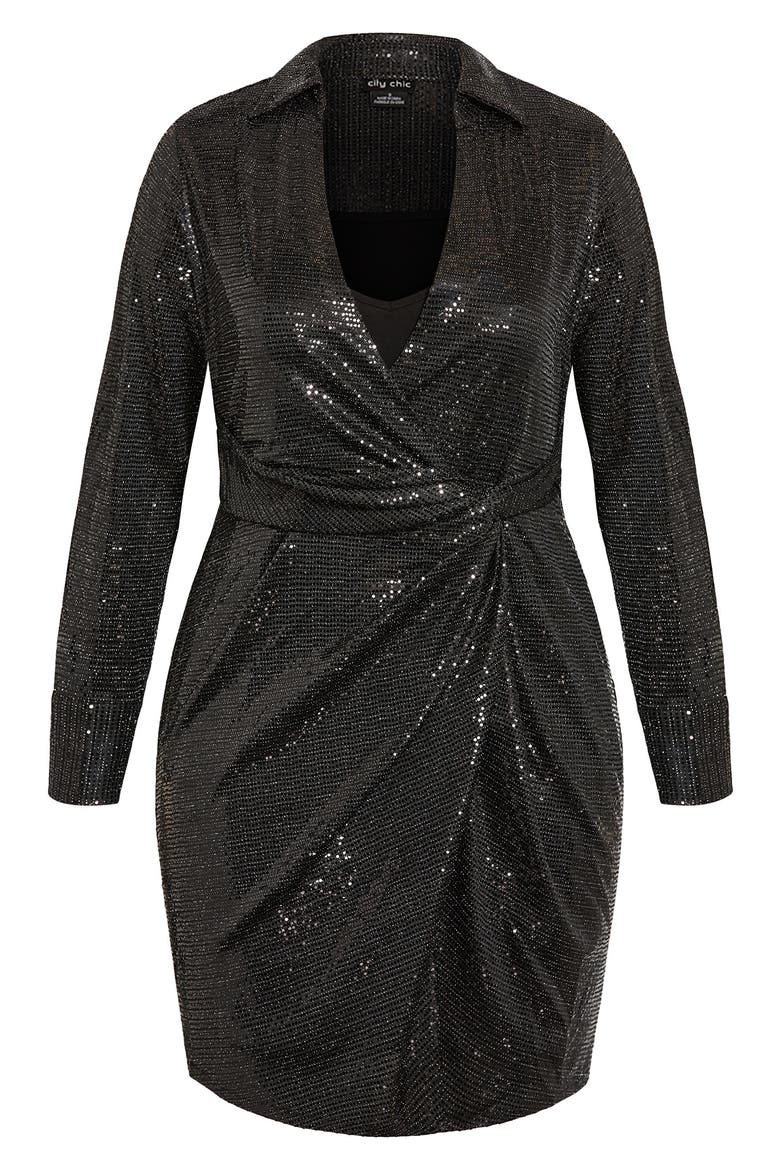 City Chi Seqin Glow Wrap Front Long Sleeve Dress, Alternate, color, BLACK