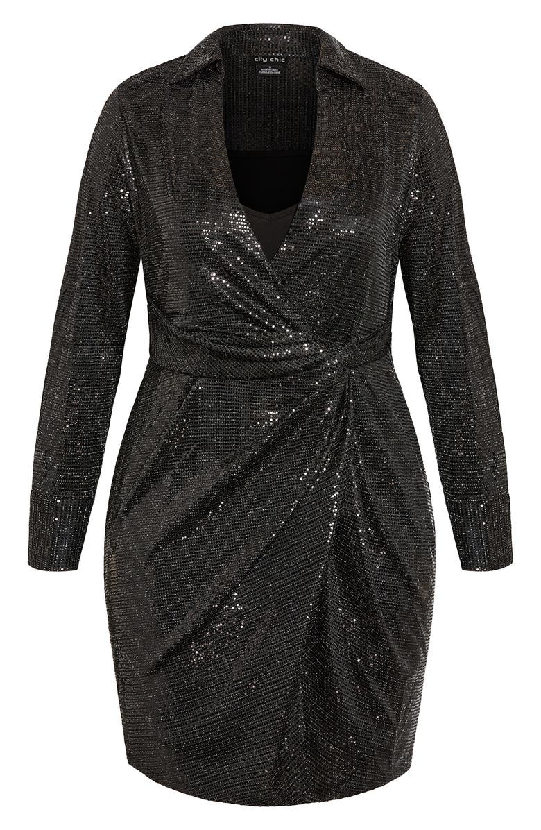 City Chic City Chi Seqin Glow Wrap Front Long Sleeve Dress, Alternate, color, 