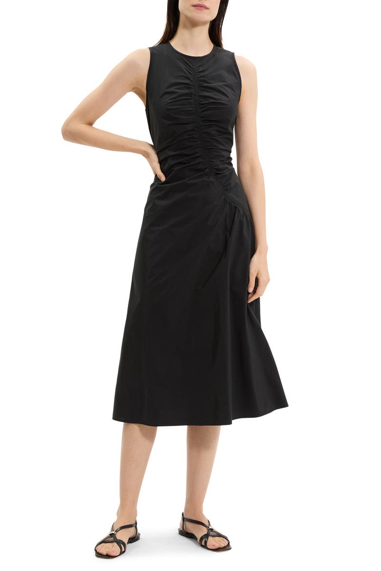 Asymmetric Ruched Sleeveless Midi Dress, Main, color, BLACK