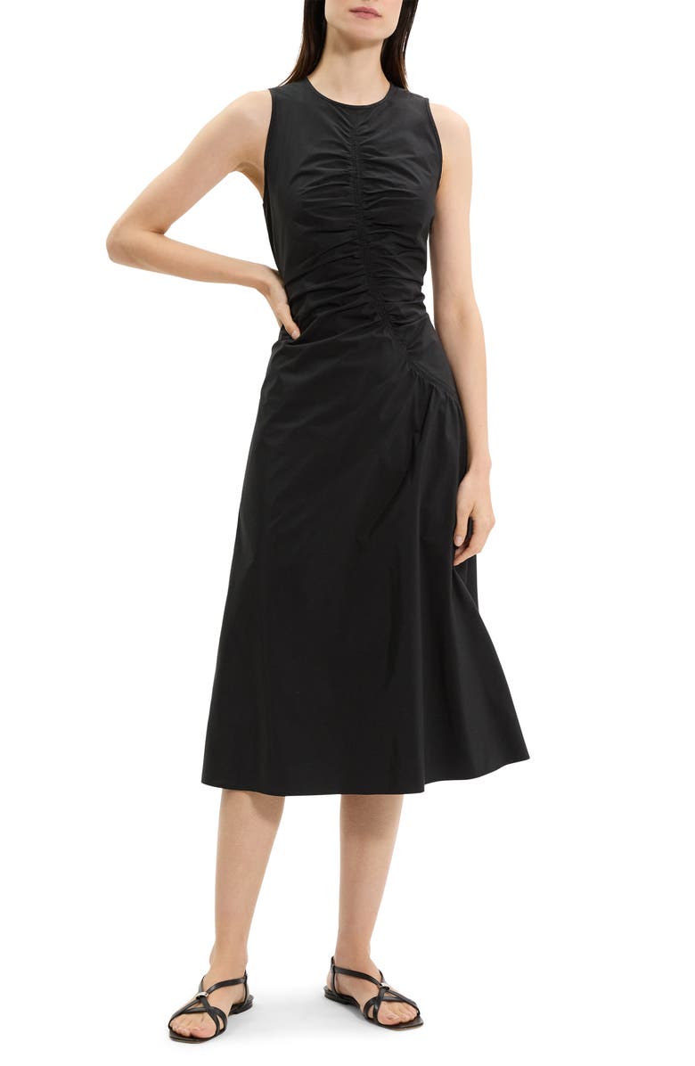 Theory Asymmetric Ruched Sleeveless Midi Dress, Main, color, Black