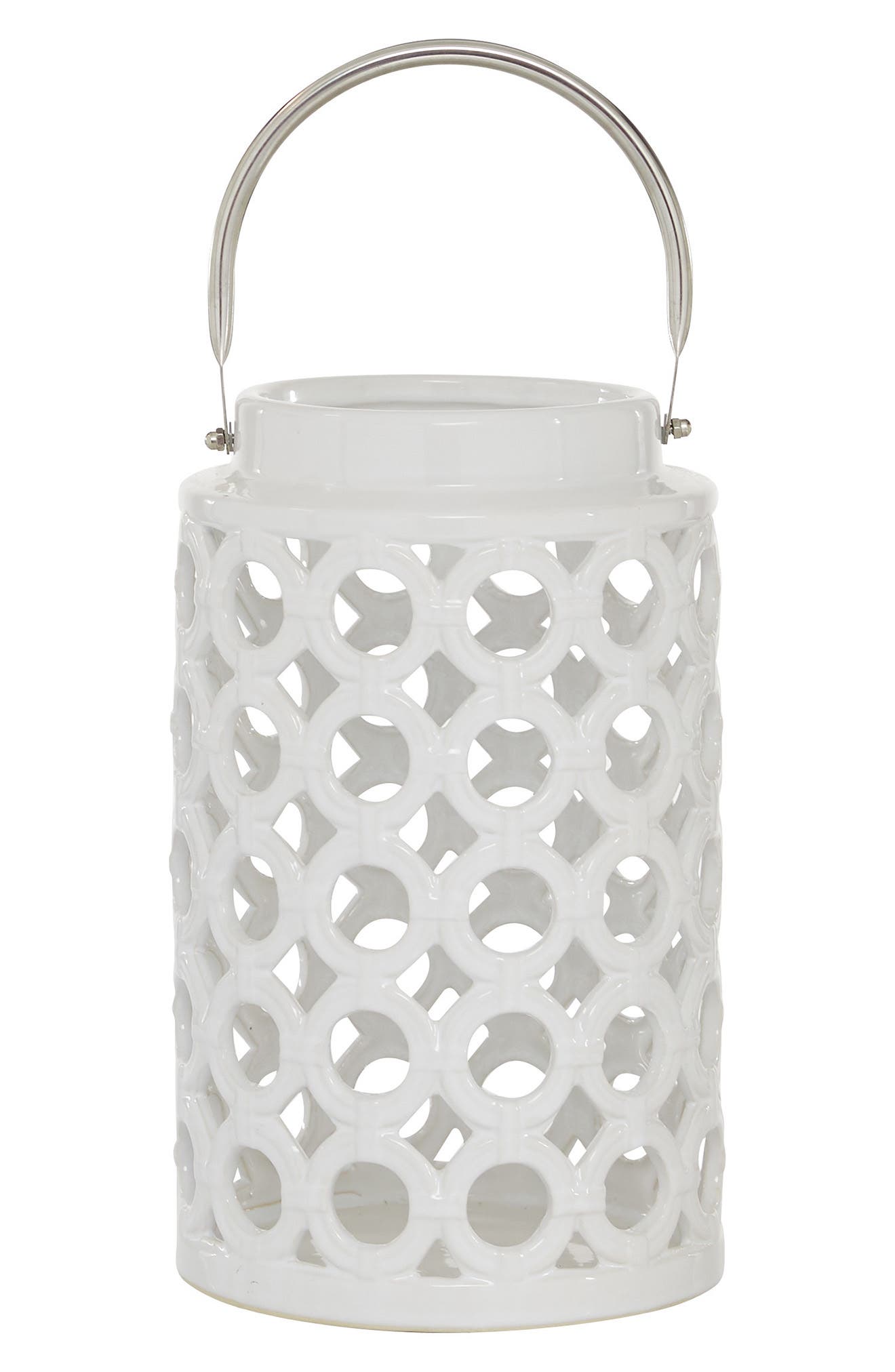 GINGER BIRCH STUDIO White Ceramic Circles Pillar Candle Lantern with Cut Out Design