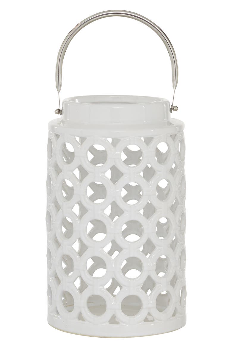 White Ceramic Circles Pillar Candle Lantern with Cut Out Design, Main, color, WHITE