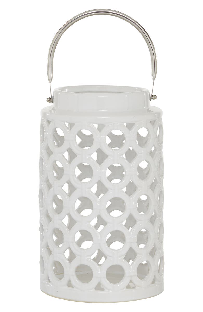 GINGER BIRCH STUDIO White Ceramic Circles Pillar Candle Lantern with Cut Out Design, Main, color, White